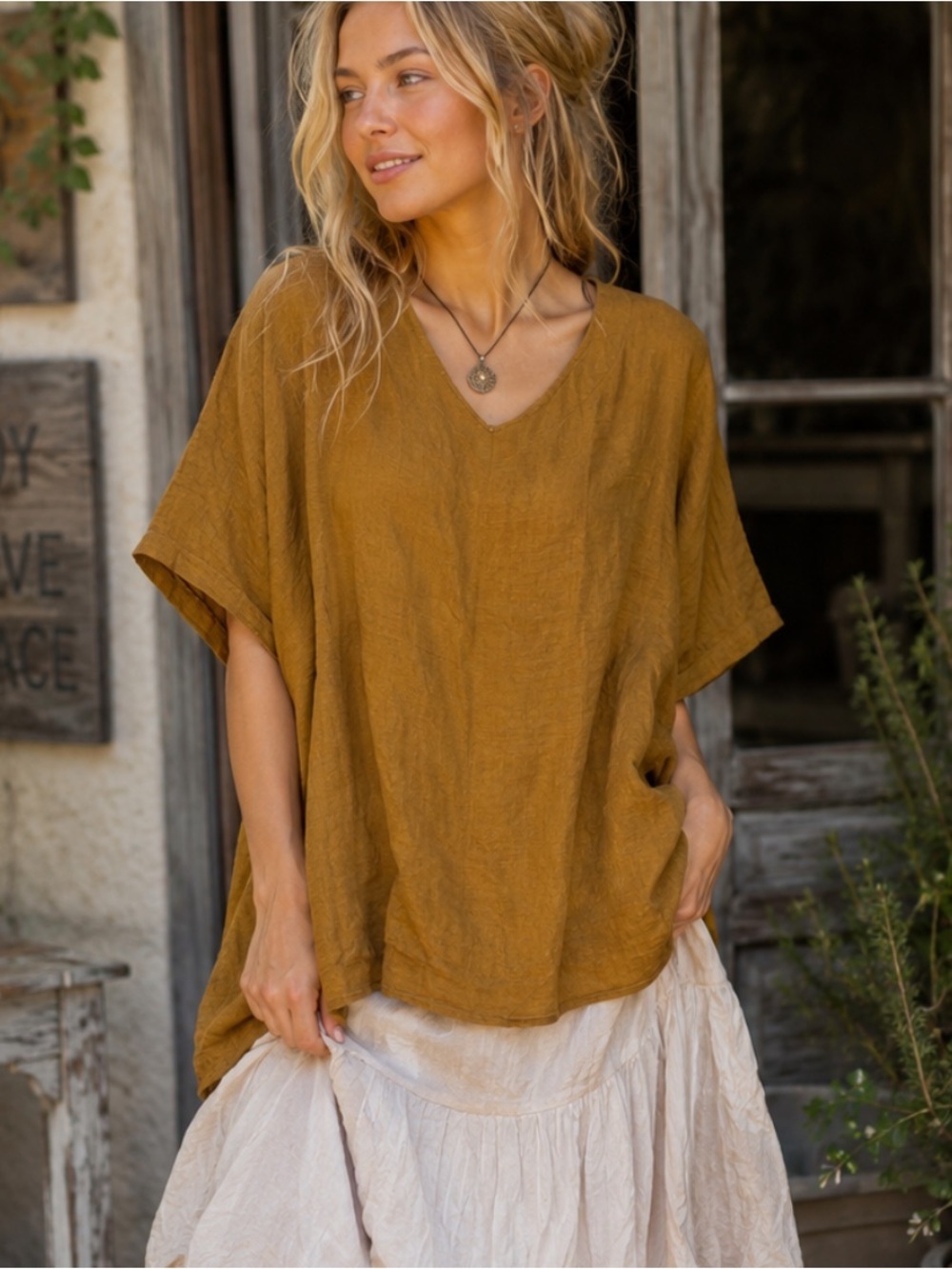 FLAX Mustard Yellow Linen V-Neck Short Sleeve Top Size Large 54563